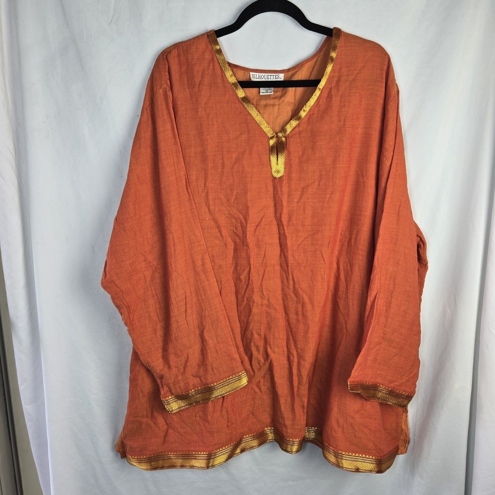 Vintage Silhouettes Ribbon Trim Cotton Tunic Shirt 3X Orange Modest Resort Boho
